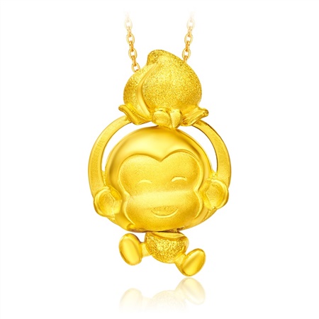 周大福猴年生肖送寿桃猴子足金黄金吊坠