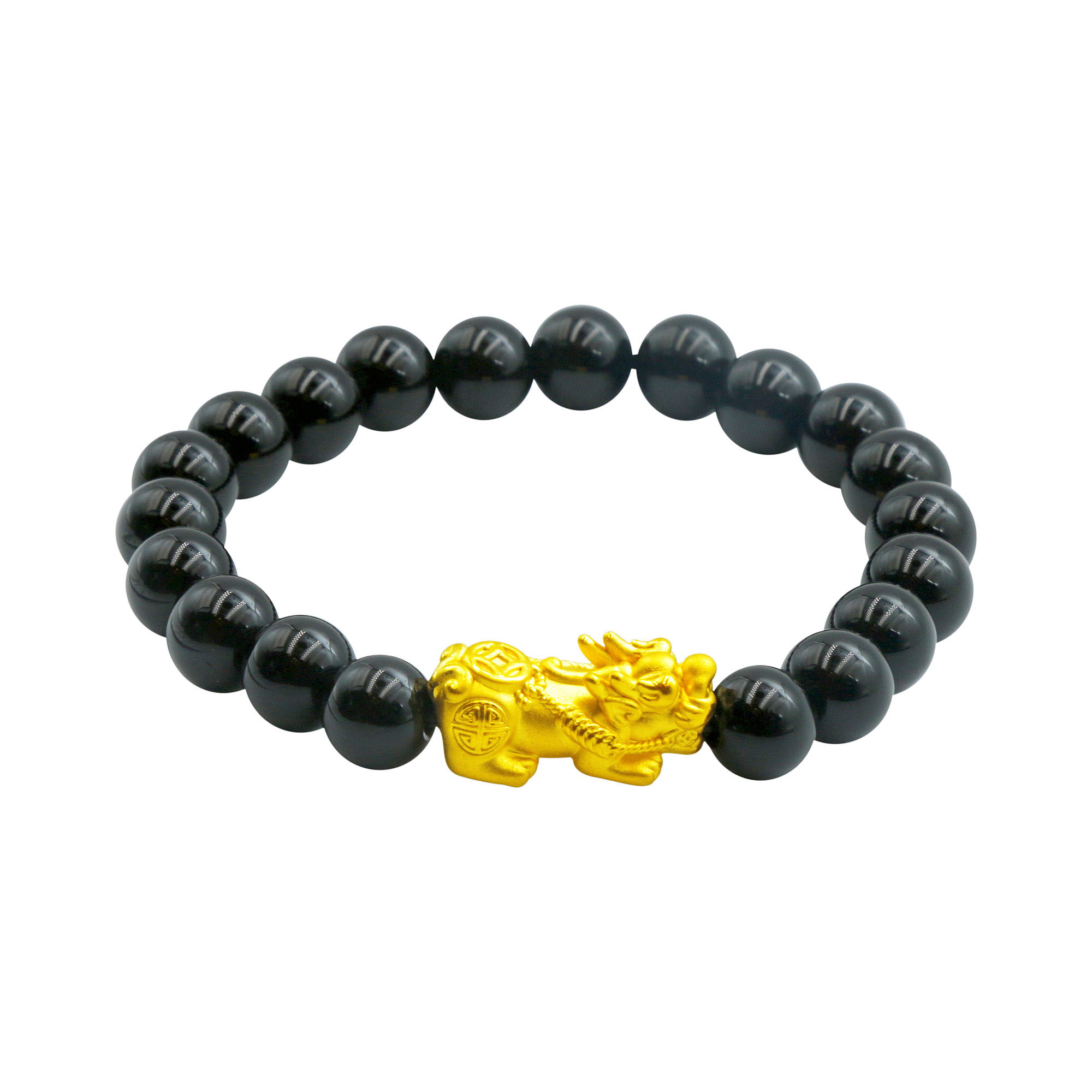 周大福足金黑玉髓貔貅钱币弹力手串