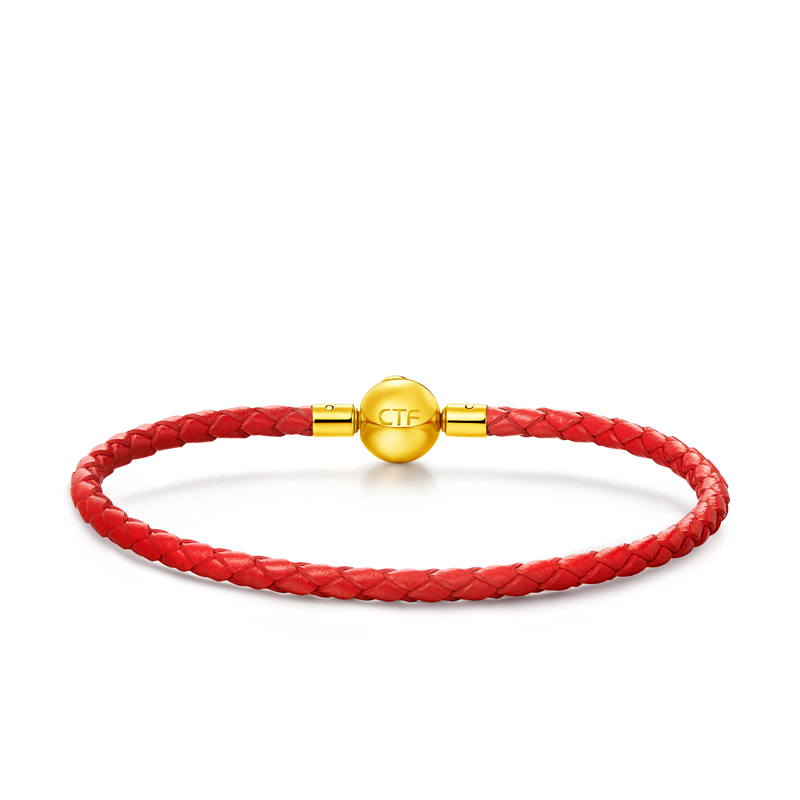 周大福红色女款不锈钢扣手绳皮绳